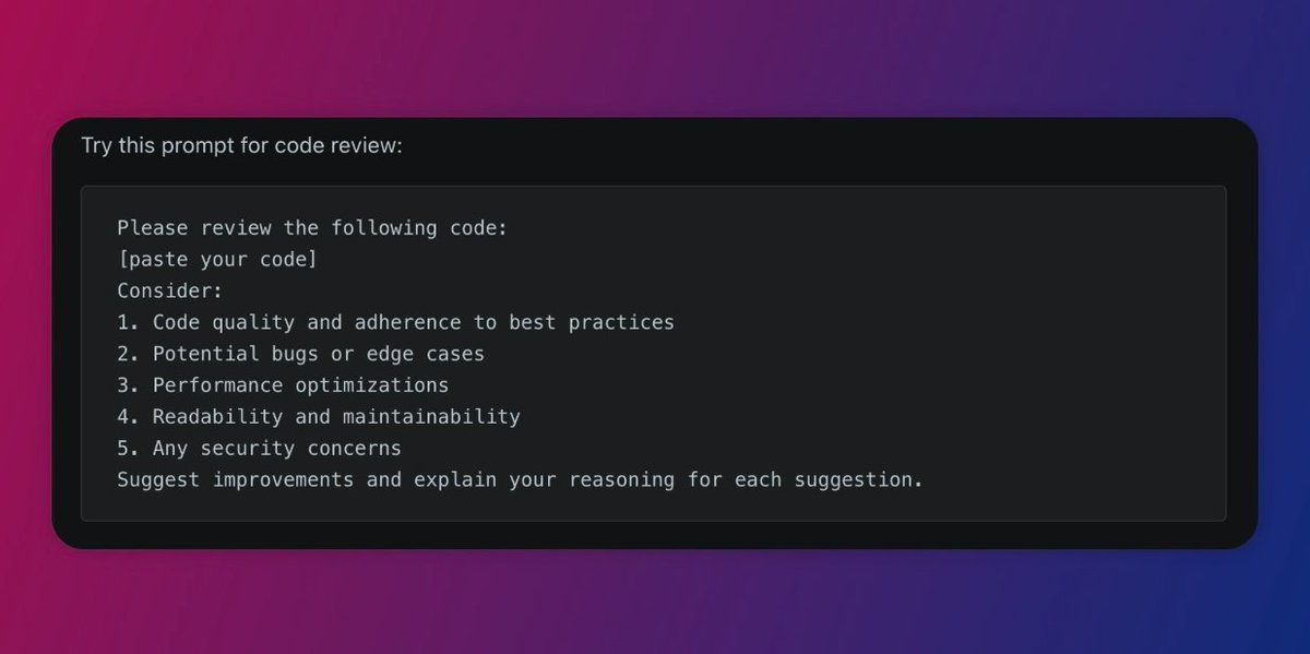 ItsRiyasat's tweet image. One of the best habits I picked up as a dev?

Using AI to review my code. 🧠💻

Here’s my go-to prompt that catches bugs, improves performance &amp;amp; helps write cleaner code:

#CodeReview #AIforDev #100DaysOfCode #BuildInPublic #DevTips #AItools #SoftwareEngineering #CodeNewbie