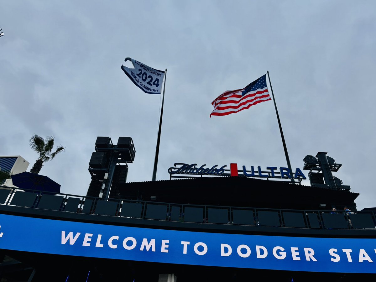 The Dodgers 2024 Championship Flag went up during Pre Game Ceremonies.. 

#OPENINGDAY  #OpeningDay2025