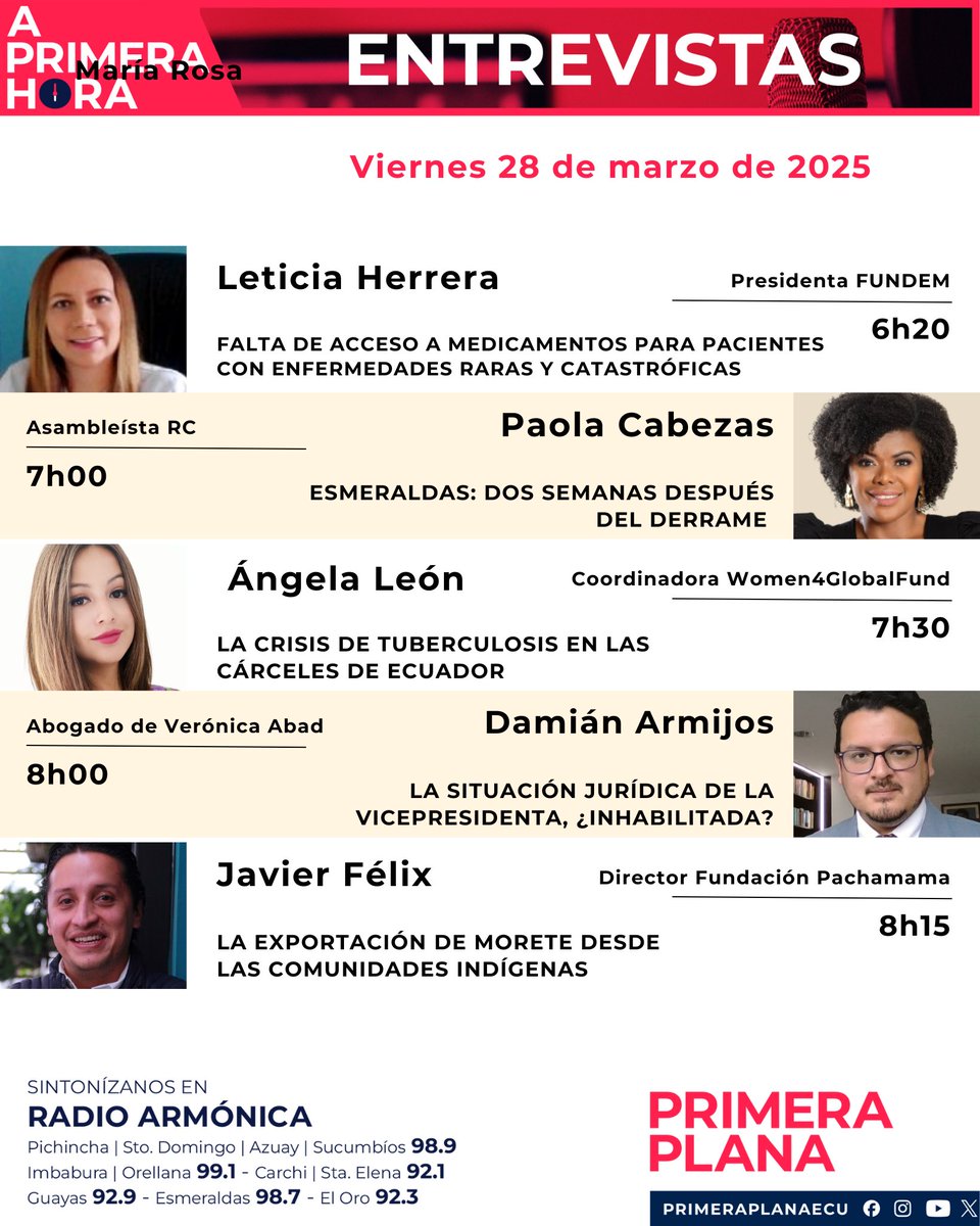 🎙️Agenda del noticiero #APrimeraHora | Viernes, 28 de marzo de 2025.

➡️ Leticia Herrera
➡️ <a href="/PaolaCabezasC/">Paola Cabezas Castillo</a>    
➡️ Ángela León, <a href="/w4_gf/">Women4GlobalFund (W4GF)</a>      
➡️ <a href="/LexArmijos/">Damián Armijos</a> 
➡️ Javier Félix, <a href="/FPachamama_Ec/">Fundación Pachamama</a>

⏰Los esperamos desde las 06h00 am, con <a href="/fabriciovelav/">Fabricio Vela</a>, <a href="/AndreaOrbe5/">Andrea Orbe Saltos</a> y <a href="/SuelenGranda/">Suelen Granda</a>.