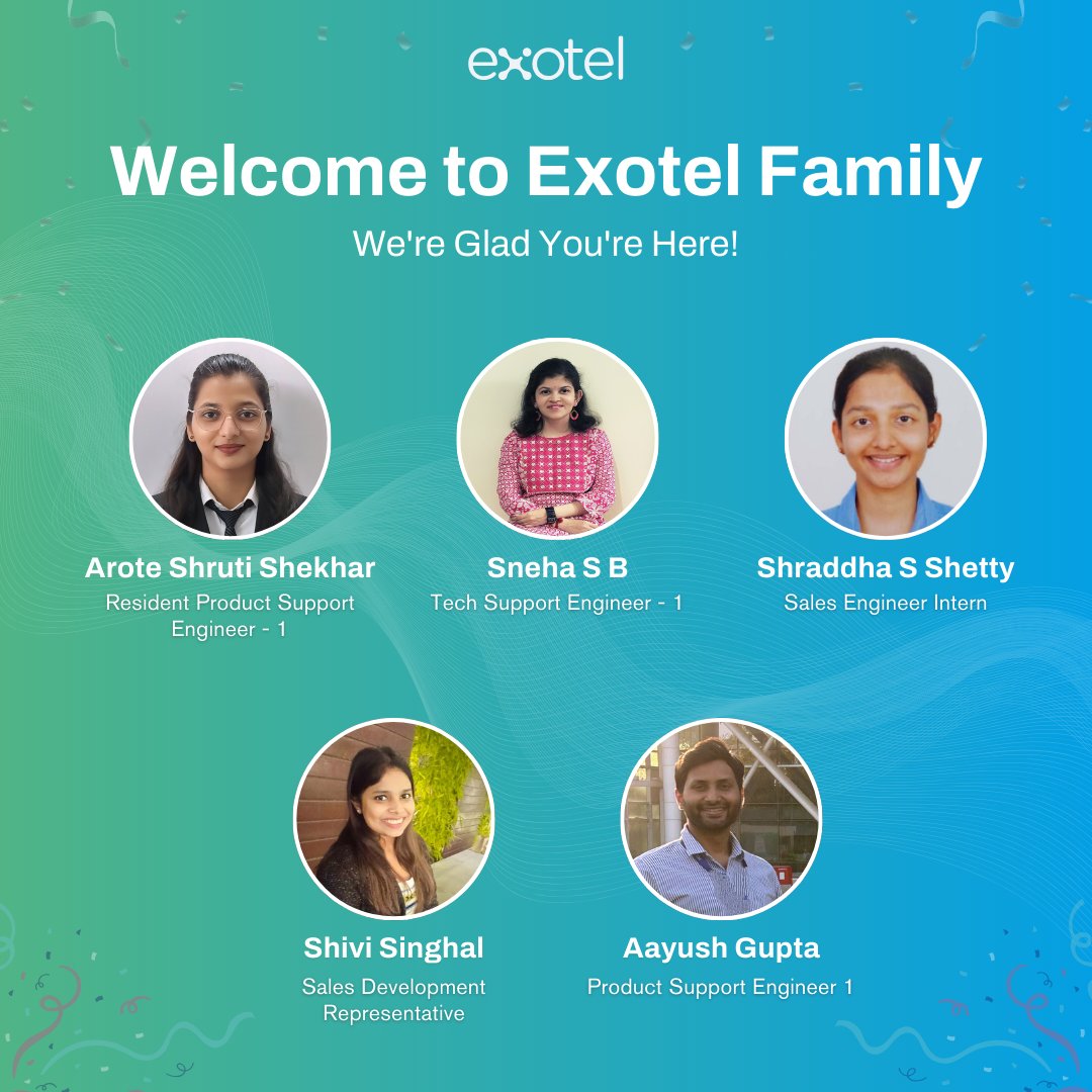 🚀 New energy, fresh ideas, and unstoppable enthusiasm!

Some of the most vibrant and talented individuals have joined the Exotel fam, and we couldn't be more excited to have them on board. As we continue to innovate and shape the future of customer engagement, having the right