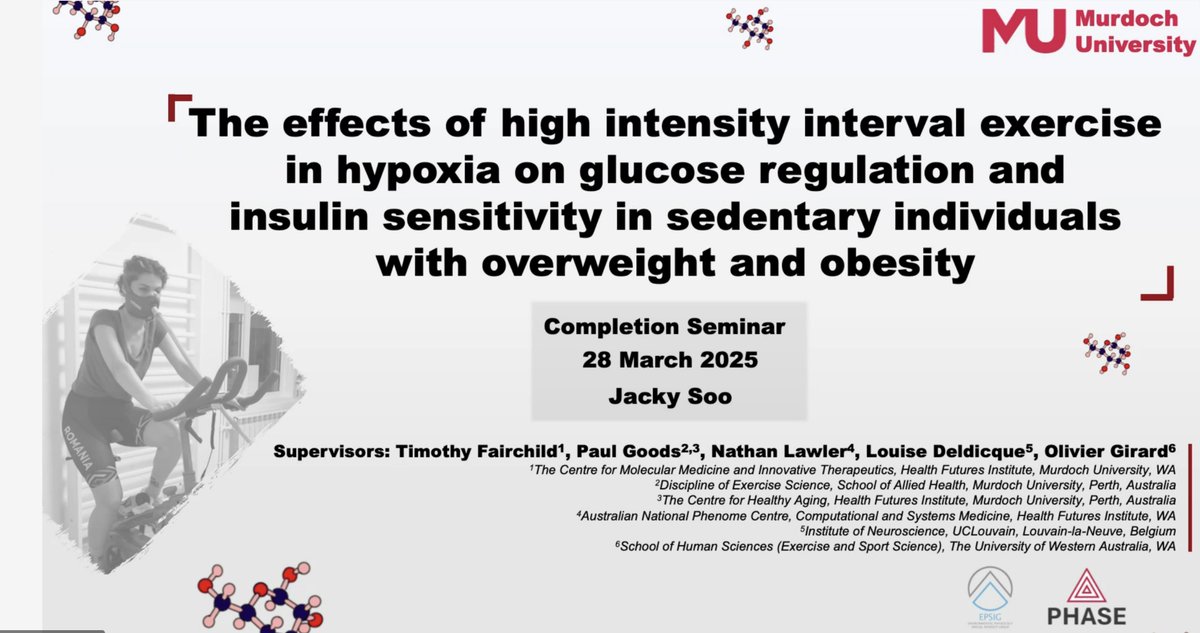 Jacky Soo's PhD completion seminar on the effects of high-intensity interval exercise in hypoxia on glucose regulation and insulin sensitivity in sedentary individuals with overweight and obesity – great work by a bright student on groundbreaking research! Proud supervisors 🥳