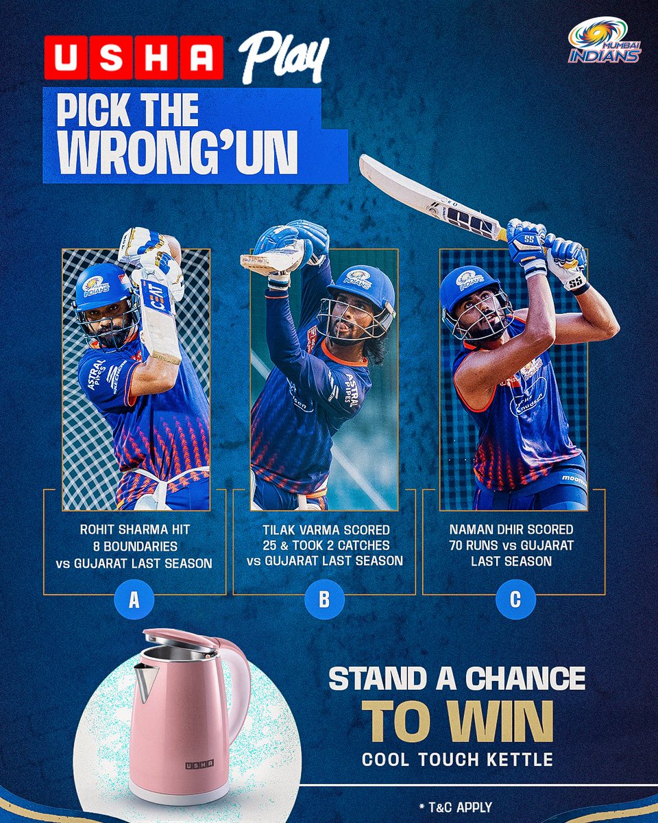 mipaltan's tweet image. It&apos;s an art to pick the @UshaPlay Wrong&apos;un! 🤌

Play now and stand a chance to win a brand new Cool Touch Kettle 🔥

Read all the T&amp;amp;Cs ➡ bit.ly/4bSJMSW 

#MumbaiIndians #PlayLikeMumbai