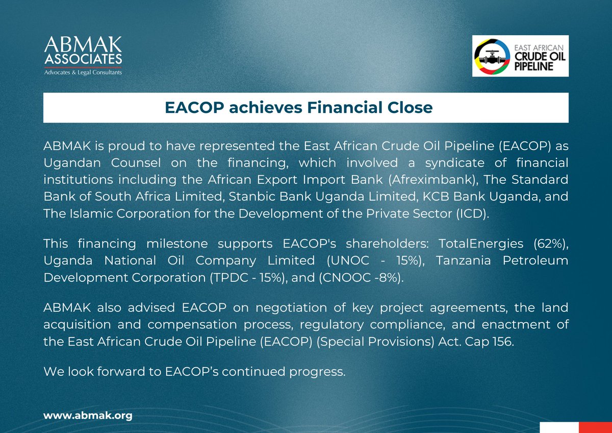ABMAK warmly congratulates EACOP on achieving a major milestone: the successful closure of the first financing tranche for the project. This accomplishment marks a significant step forward for EACOP, and we extend our best wishes for the project's continued success.