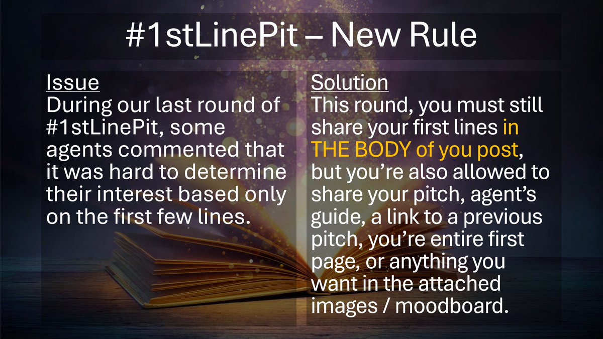 #1stLinePit is coming in hot—just ONE week left! 🔥 

This time, we've got a brand new rule!
Check out the details below—what do you think? A brilliant game-changer, enhancing your pitch—or a total train wreck, ruining the fun? 

#WritingCommunity #AmQuerying