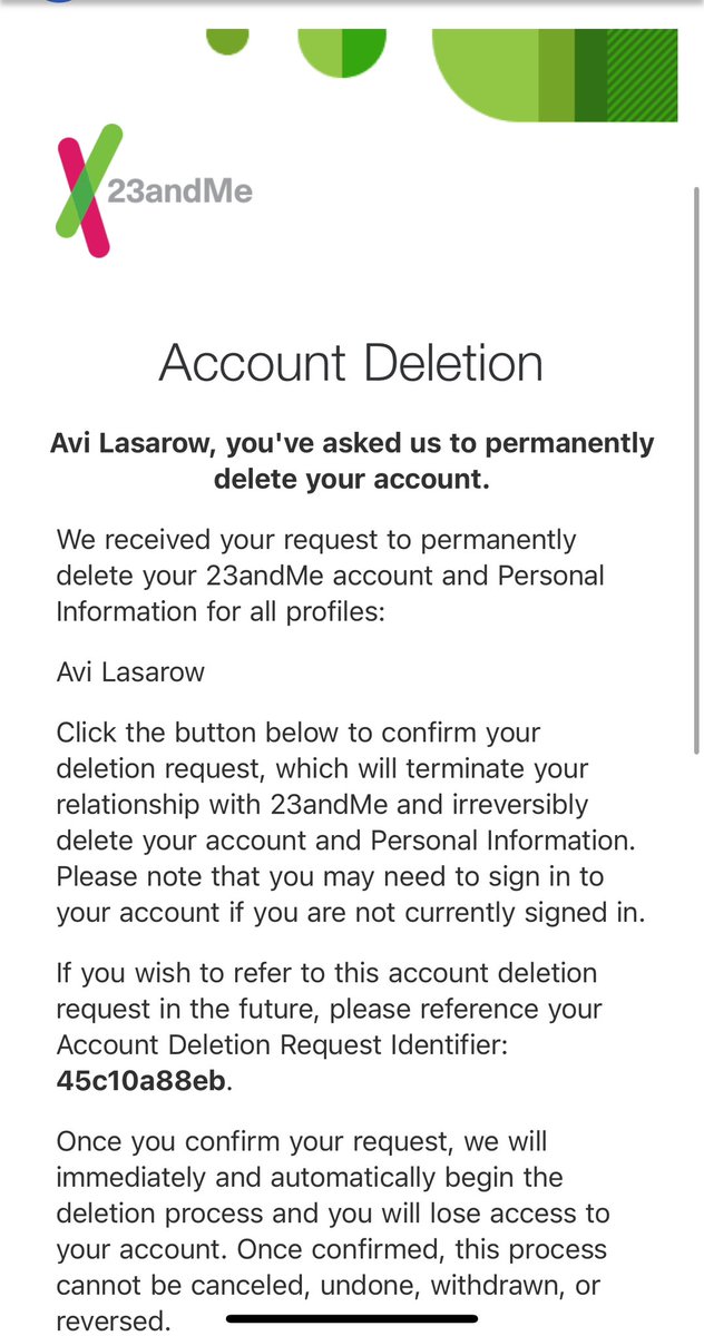 lasarowa's tweet image. Bittersweet moment.
I’ve just permanently deleted my DNA data from 23andMe, after a decade!
This decision isn’t about media reports or hype. It’s about doing what’s right — at a time when the integrity of a company, and the data it holds, is at serious risk. 🔐
It hits…