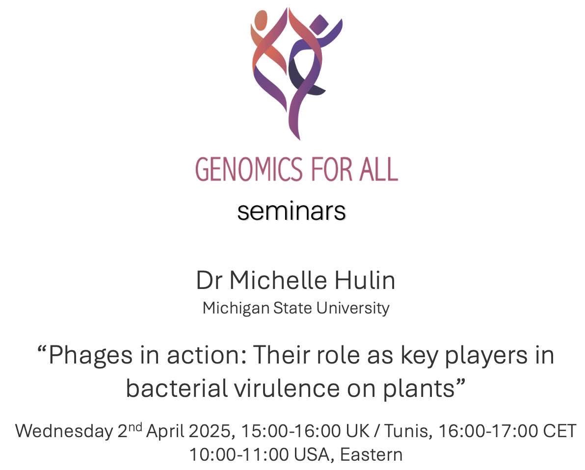 GetGenome seminar - Dr Michelle Hulin - 2nd April 2025 
Register here - forms.office.com/e/YAYsGAfYFt
Free to attend!

Learn how bacteriophages drive horizontal gene transfer in the phyllosphere and shape Pseudomonas syringae evolution and virulence.