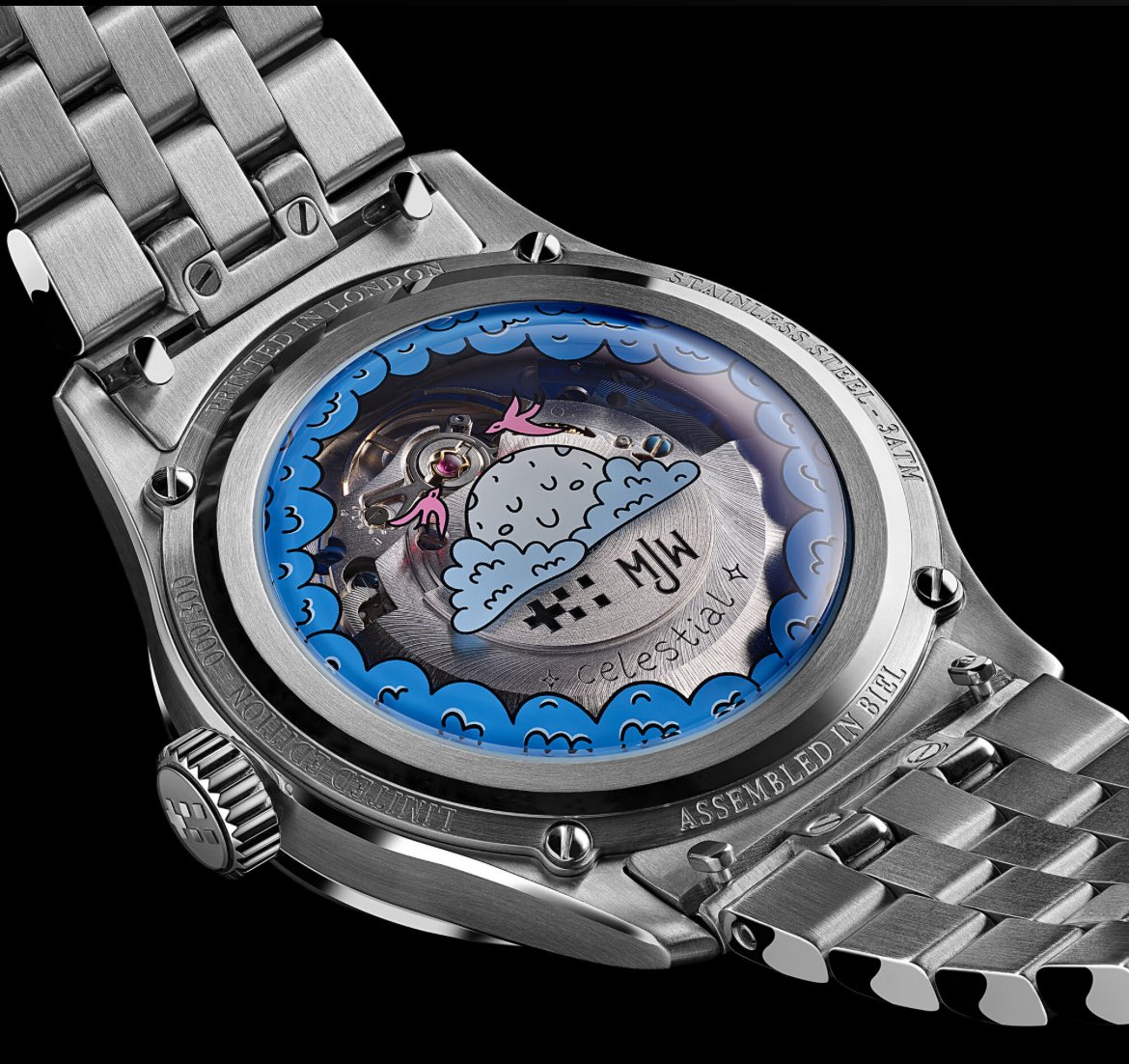 Watchbazar's tweet image. Christopher Ward C1 Celestial Moonphase—a horological treasure born from a collaboration with Mr Jones Watches. This 37mm timepiece reimagines elegance with a handless dial: a luminous moon, graceful purple birds, and sculpted clouds in a captivating 3D design.