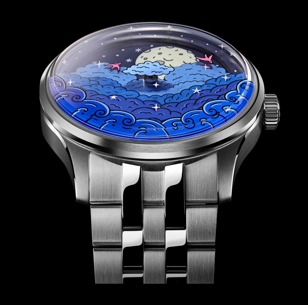 Watchbazar's tweet image. Christopher Ward C1 Celestial Moonphase—a horological treasure born from a collaboration with Mr Jones Watches. This 37mm timepiece reimagines elegance with a handless dial: a luminous moon, graceful purple birds, and sculpted clouds in a captivating 3D design.