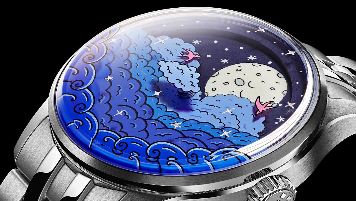 Watchbazar's tweet image. Christopher Ward C1 Celestial Moonphase—a horological treasure born from a collaboration with Mr Jones Watches. This 37mm timepiece reimagines elegance with a handless dial: a luminous moon, graceful purple birds, and sculpted clouds in a captivating 3D design.