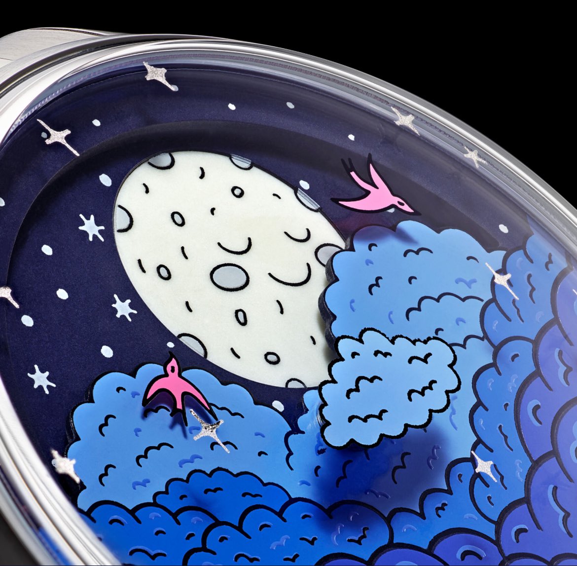 Watchbazar's tweet image. Christopher Ward C1 Celestial Moonphase—a horological treasure born from a collaboration with Mr Jones Watches. This 37mm timepiece reimagines elegance with a handless dial: a luminous moon, graceful purple birds, and sculpted clouds in a captivating 3D design.