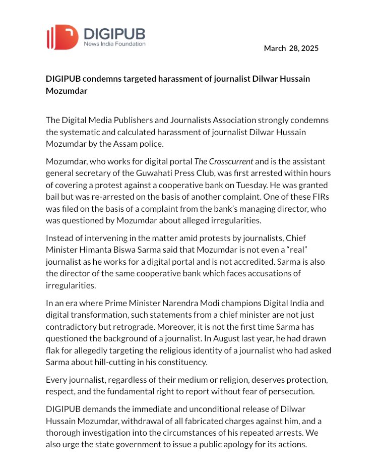 DigipubIndia's tweet image. DIGIPUB’s statement condemning the targeted harassment of journalist Dilwar Hussain Mozumdar