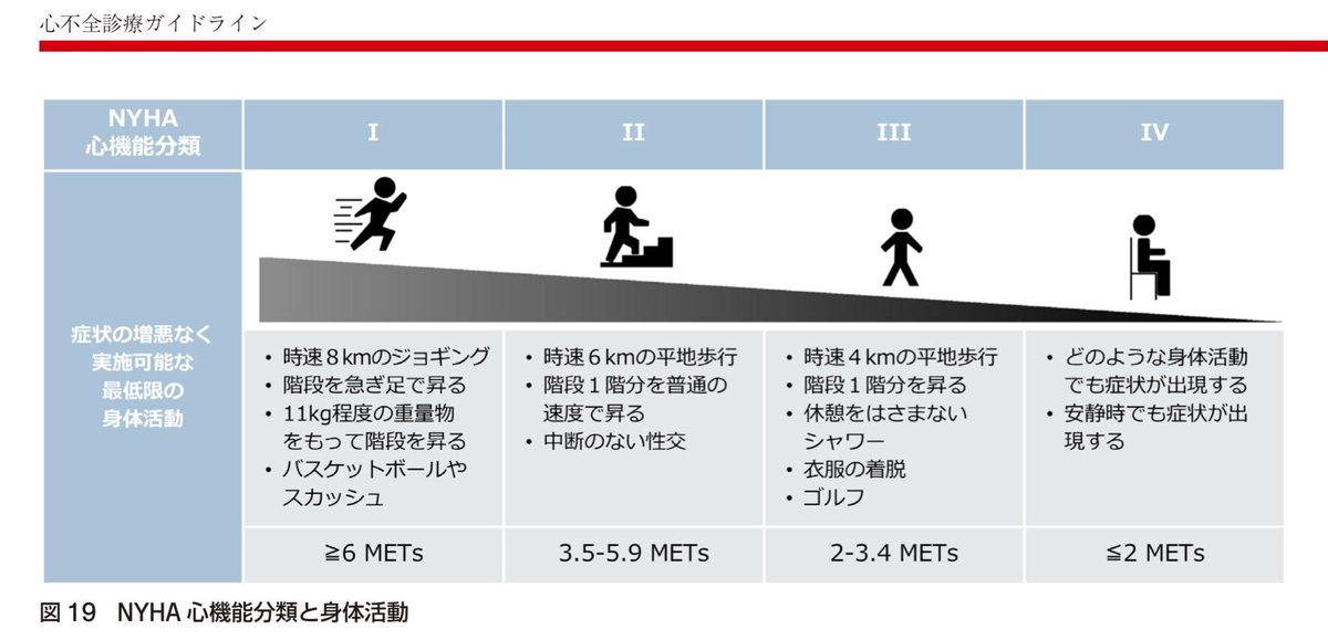 心不全診療ガイドライン
第4章 7. NYHA心機能分類・運動耐容能・身体機能の評価

このNYHA心機能分類のイラスト、分かりやすいし可愛い☺️