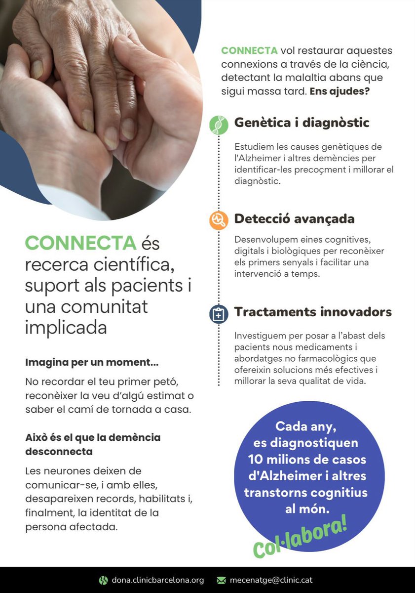 Unitat d’Alzheimer i altres Trastorns Cognitius (@alz_clinicbcn) on Twitter photo 📢 Ajuda’ns a avançar en la recerca sobre l’Alzheimer! 👩🔬🧠
El projecte CONNECTA de l’<a href="/hospitalclinic/">Hospital Clínic</a> estudia la malaltia per millorar el seu diagnòstic i tractament. Amb la teva donació, ens connectem per plantar-li cara.
💚 Col·labora aquí: dona.clinicbarcelona.org/connecta 📢 Ajuda’ns a avançar en la recerca sobre l’Alzheimer! 👩🔬🧠
El projecte CONNECTA de l’<a href="/hospitalclinic/">Hospital Clínic</a> estudia la malaltia per millorar el seu diagnòstic i tractament. Amb la teva donació, ens connectem per plantar-li cara.
💚 Col·labora aquí: dona.clinicbarcelona.org/connecta