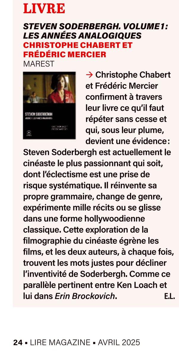 fremercier's tweet image. Merci au magazine @Lire_ML et à son auteur pour cette très belle recension de notre Soderbergh avec Christophe Chabert chez @MarestEditeur . 
#Soderbergh