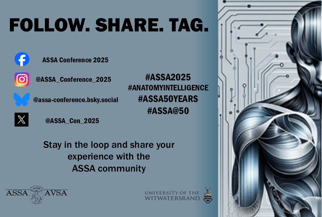 Follow us on instagram, Facebook, X and BlueSky to stay in the loop on the upcoming events. Remember to share your experiences with the ASSA community using the hashtags. Looking forward to seeing you there! Link in bio. 
#ASSA2025 #AnatomyIntelligence #ASSA50Years