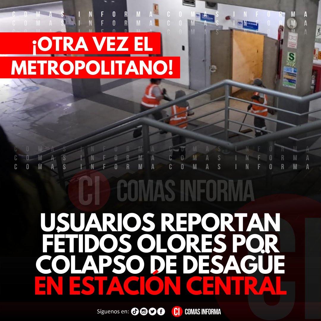 ComasInforma's tweet photo. 🔴 #Ahora #Metropolitano
USUARIOS REPORTAN FÉTIDOS OLORES POR COLAPSO DE DESAGÜE EN ESTACIÓN CENTRAL

Insufrible. Personal de limpieza trató de evitar que las aguas residuales no contaminaran los accesos al público, pero los fortísimos malos olores pudieron más.

#ComasInforma https://t.co/P2Tm9TJyxM