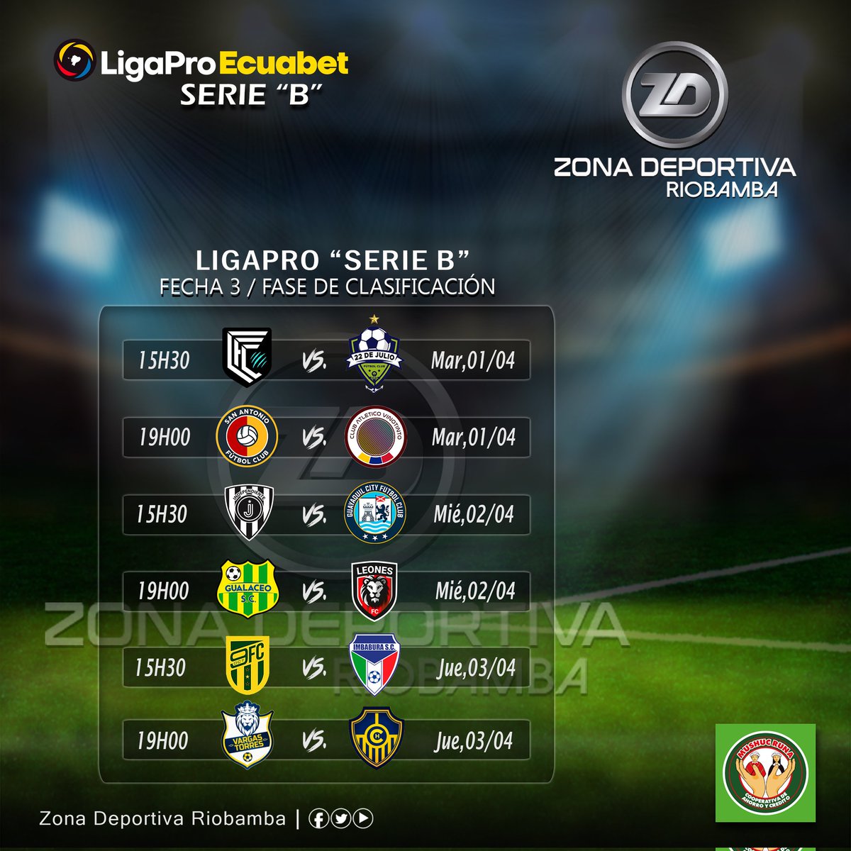 roldan_jimmy's tweet image. #LigaProSerieB
¡𝙋𝙍𝙊́𝙓𝙄𝙈𝘼 𝙅𝙊𝙍𝙉𝘼𝘿𝘼!
#Temporada2025

Así se jugará la #FechaTRES de la #FaseClasificatoria de la @LigaProEC/#SERIE_B.

@mushucrunacoac
Informa: #JimmyRoldán
Somos: Zona Deportiva Riobamba   
¡Hacemos la diferencia!