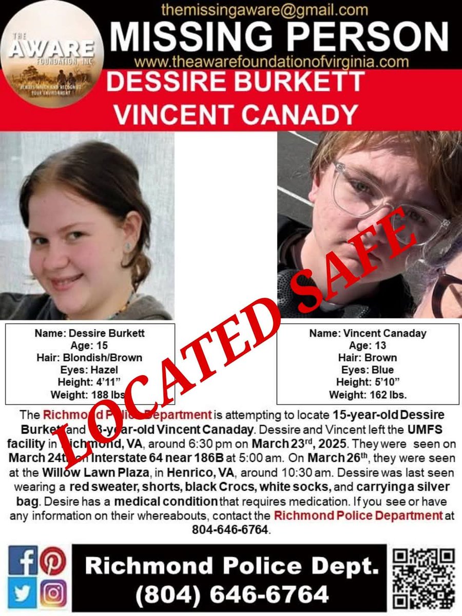 aware_the's tweet photo. UPDATE: Wonderful news. Dessire and Vincent have been located and is SAFE. Thanks again for helping us bring them home.
#DessireBurkett #VincentCanaday #MissingInVirginia #richmondvirginia #MissingJuvenile #TheAWAREFoundationInc https://t.co/hWn6VwqvL6