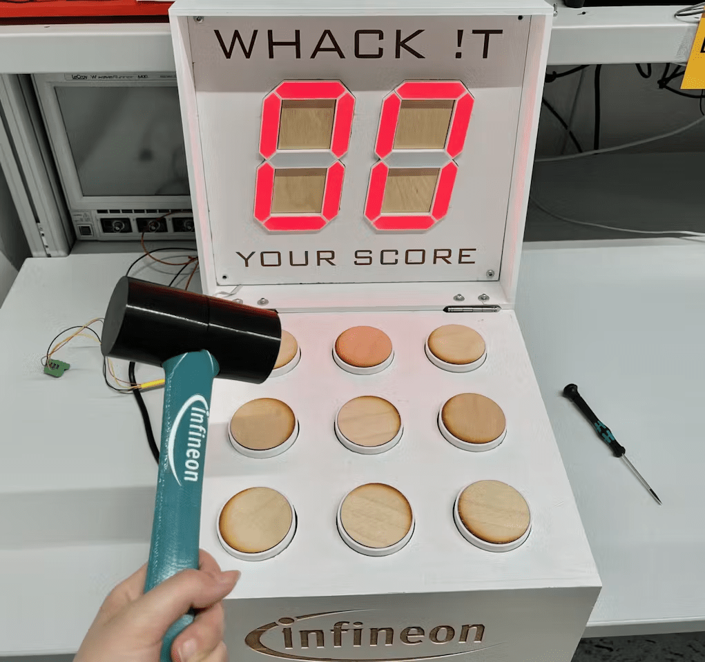 dfrobotcn's tweet image. 🔨 Smart Whack-a-Mole reinvented! Pneumatic pistons + XMC microcontroller + magnetic sensors = arcade gaming evolved. 3D printed hammer with pressure sensor starts the game automatically! #MakerProject #Infineon #Arduino 
hackster.io/Infineon_Team/…