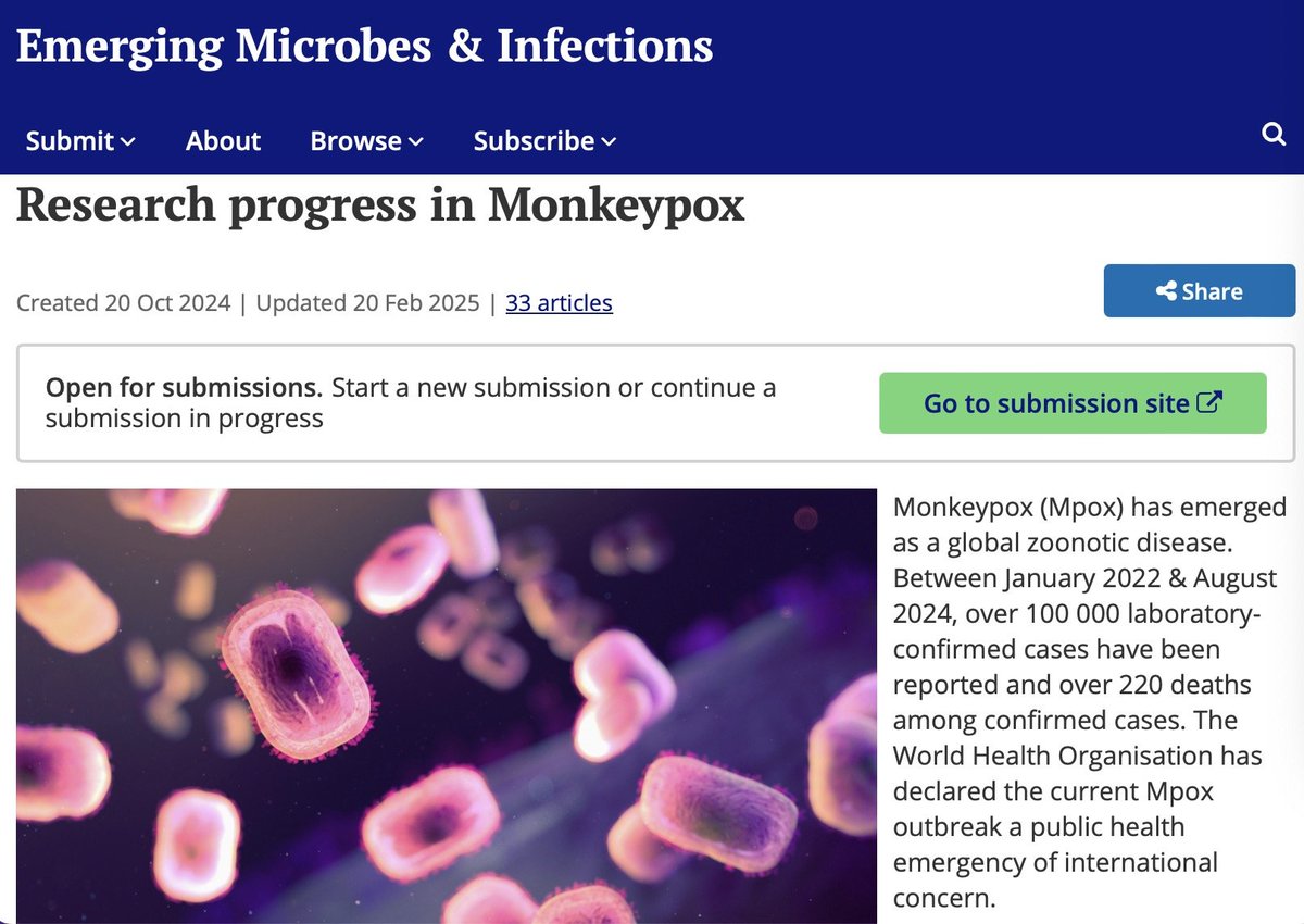 🌍✨ Join the Global Fight Against #Mpox!✨ 🦠
Contribute to the #Monkeypox Research Collection led by Dr. Yan Xiang (University of Texas Health Science Center, USA) 
Find out more in EMI website: tandfonline.com/journals/temi2…
#EMI #VirusResearch #GlobalHealth