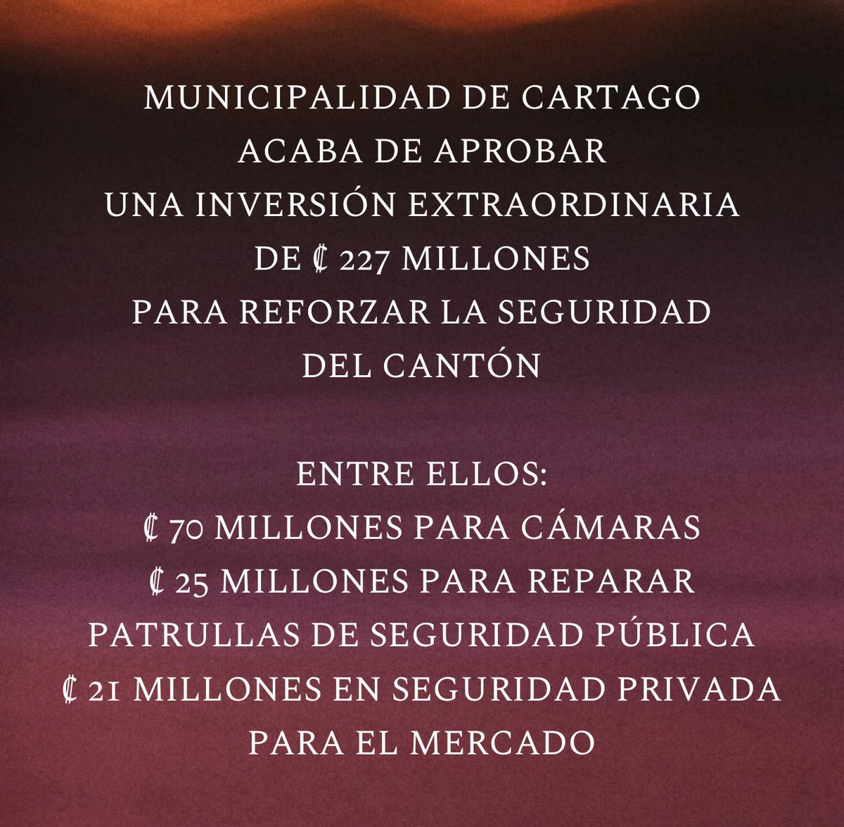 Municipalidad de Cartago decidió esta noche reforzar el presupuesto en materia de seguridad, incluyendo una nueva donación al Ministerio de Seguridad Pública para reparar sus patrullas. Estos rubros no incluyen una inversión mucho mayor en programas preventivos.
