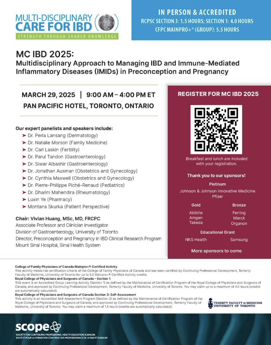 We look forward to seeing you on March 29, 2025! 
RCPSC Section 1 &amp; 3 credits, and CFPC Mainpro+ credits! 
From fertility, pregnancy, to post partum, management of #IBD &amp; immune mediated inflammatory diseases 

If you would like to attend, register here!!: scopecanada.org/mc-ibd-2025