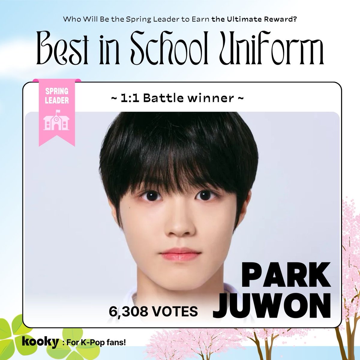 kooky__official's tweet photo. [ 📢1:1 Battle Results ]
✨ Who is the #BestUniformLook_Spring ldol? ✨

*🎓･ﾟ*   #AHOF #PARKJUWON   *･ﾟ🎓*

🗳️ #KookySpringLeader Semi-Final voting starts on Monday, so stay tuned!

🏆 Announcing the TOP5 advancing to the Semi-Final Voting ><
#LEV #WANGZIHAO
#HORI7ON #KYLER
#AHOF #DAISUKE
#ATEEZ #YEOSANG
#AHOF #PARKJUWON