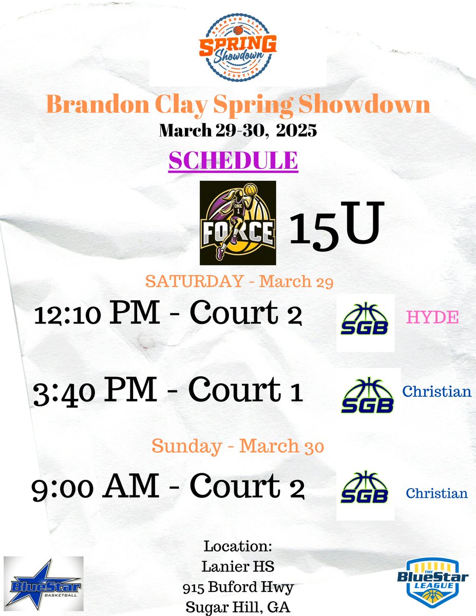 🏀 #CGHRMedia

#OpeningWeekend

📍 - Buford, GA

Brandon Clay Spring Showdown
<a href="/BrandonClayPSB/">B r a n d o n C l a y</a>

#BCSSpringShowdown 

<a href="/OneForceWbb/">One Force</a> 15U
Schedule

#TheCarolinas

#SCBallers #NCBallers

#CarolinaGirlsHoopsReport