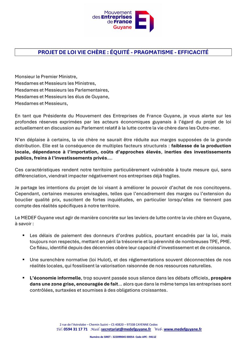 MedefGuyane's tweet photo. ✅[Projet de loi #VieChère : Équité - Pragmatisme - Efficacité]

Pour lutter contre la cherté de la vie en @Guyane, le @MedefGuyane appelle à un changement de cap! ⬇️

#ZFSF 
#Economie 
#Compétitivité
#Investissement 
#Innovation https://t.co/bhu4s0jhrk