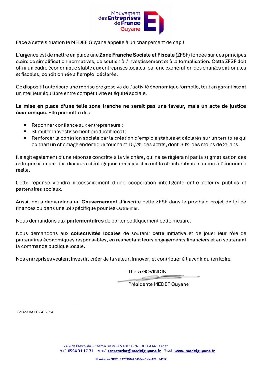 ✅[Projet de loi #VieChère : Équité - Pragmatisme - Efficacité]

Pour lutter contre la cherté de la vie en @Guyane, le <a href="/MedefGuyane/">Mouvement des Entreprises De France en Guyane</a> appelle à un changement de cap! ⬇️

#ZFSF 
#Economie 
#Compétitivité
#Investissement 
#Innovation