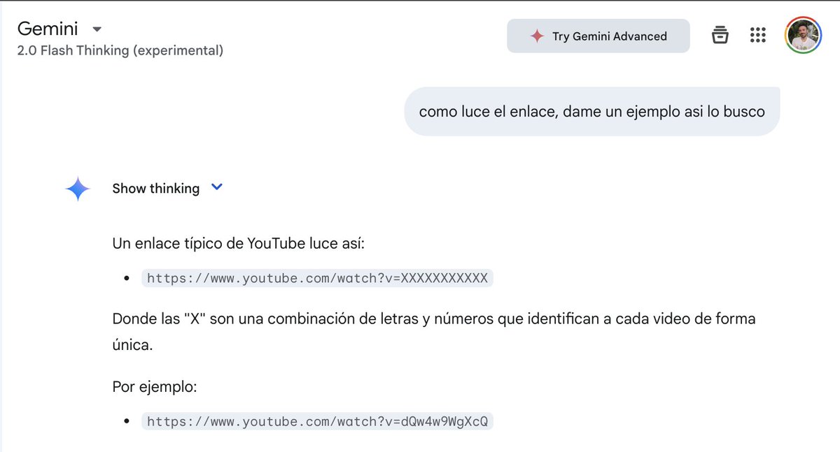 #Gemini me acaba de pegar una trolleada epica. Le pedí me resuma un video, le pasé link pero no lo reconocía asi que le pedí que me de un ejemplo de cómo era un link que esperaba. Y saben de qué era el video? youtube.com/watch?v=dQw4w9…