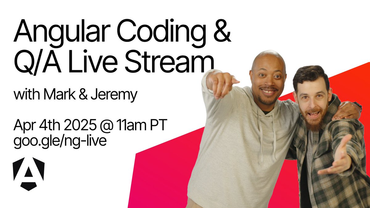 📢 Angular Coding &amp; Q&amp;A Live Stream 📢

Come join Mark and Jeremy from the Angular Team as they code and answer your questions 🎉

When: April 4th 2025 @ 11am Pacific
Where: goo.gle/ng-live