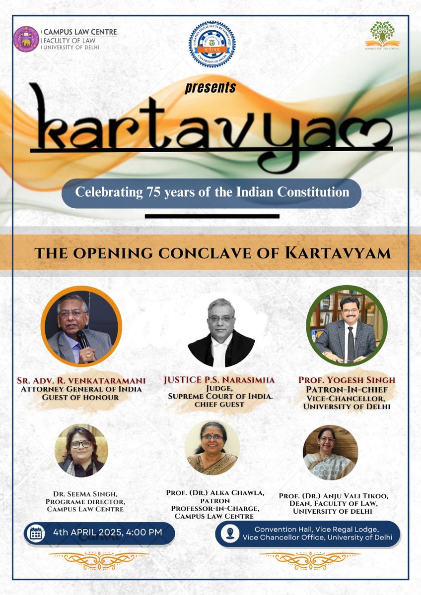 Presenting Kartavyam -  the first-ever constitutional lecture series at Campus Law Centre, University of Delhi! A historic celebration bringing together eminent voices for thought-provoking discussions. Be part of the biggest legal discourse of its kind!