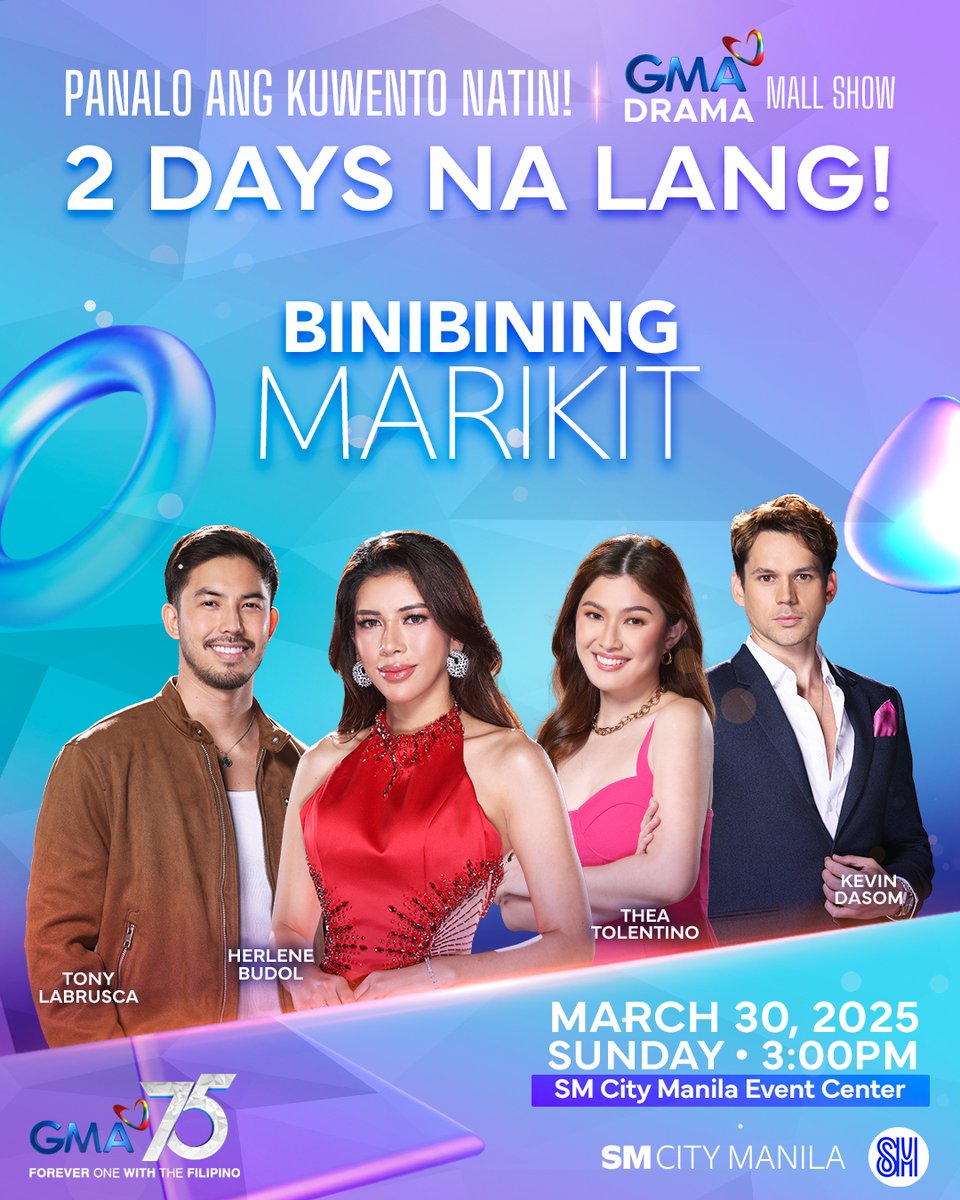 Ready to meet your favorite stars? 🌟 Just 2 days more to go!

Catch Herlene Budol, Thea Tolentino, Tony Labrusca, and Kevin Dasom live at SM City Manila Event Center on March 30, 3:00 PM!

See you there, mga Kapuso! 💃🌺