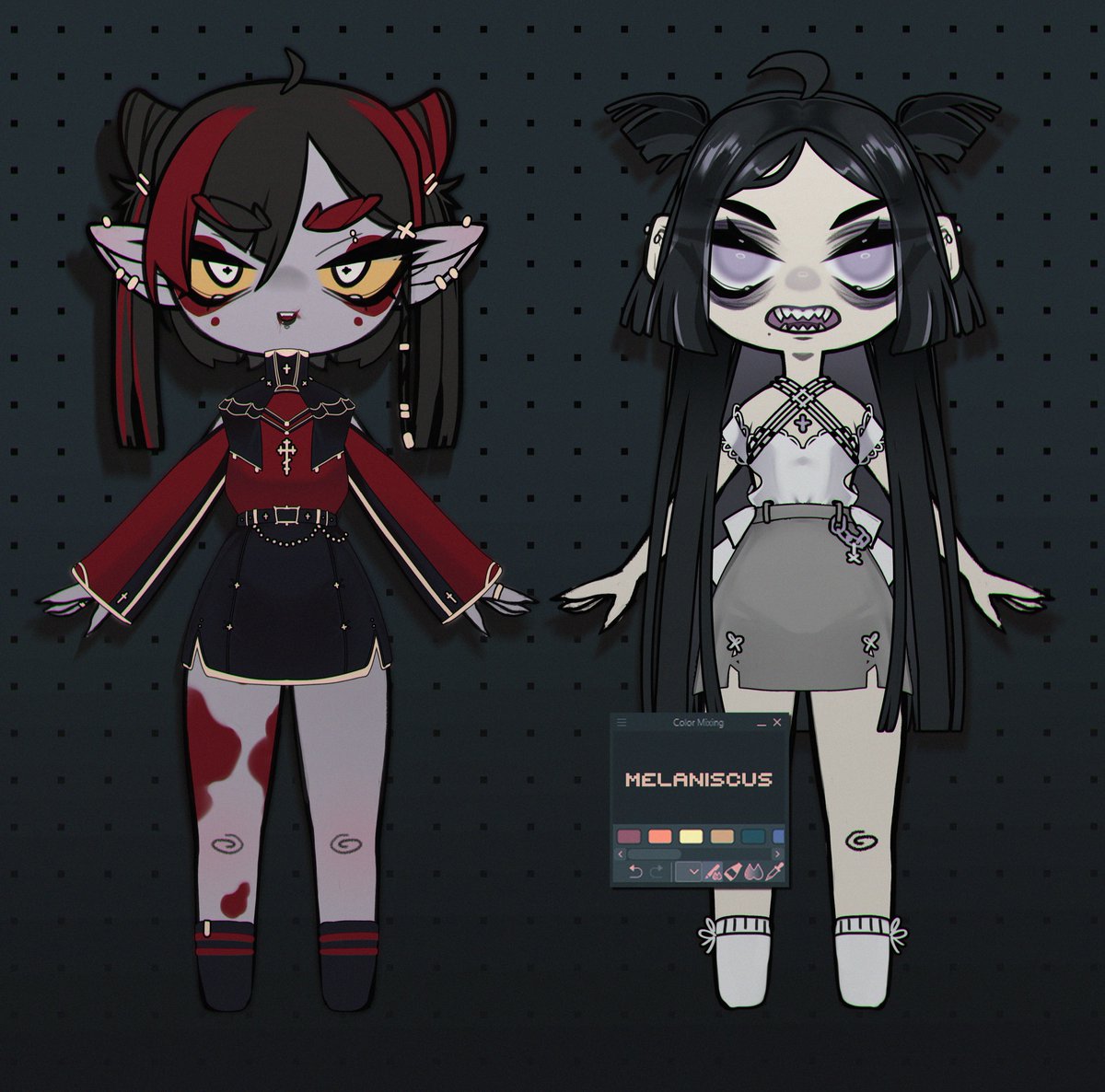 Hi! 👋  I am opening commissions for chibi models to expand my portfolio. Prices start at 𝟯𝟬𝟬$

They will include a full body, three emotions, and one arm toggle (can do gamepads or similar). Check out my website for more details! 📈

melaniscus.carrd.co/#discounts

#VTUBER #LIVE2D