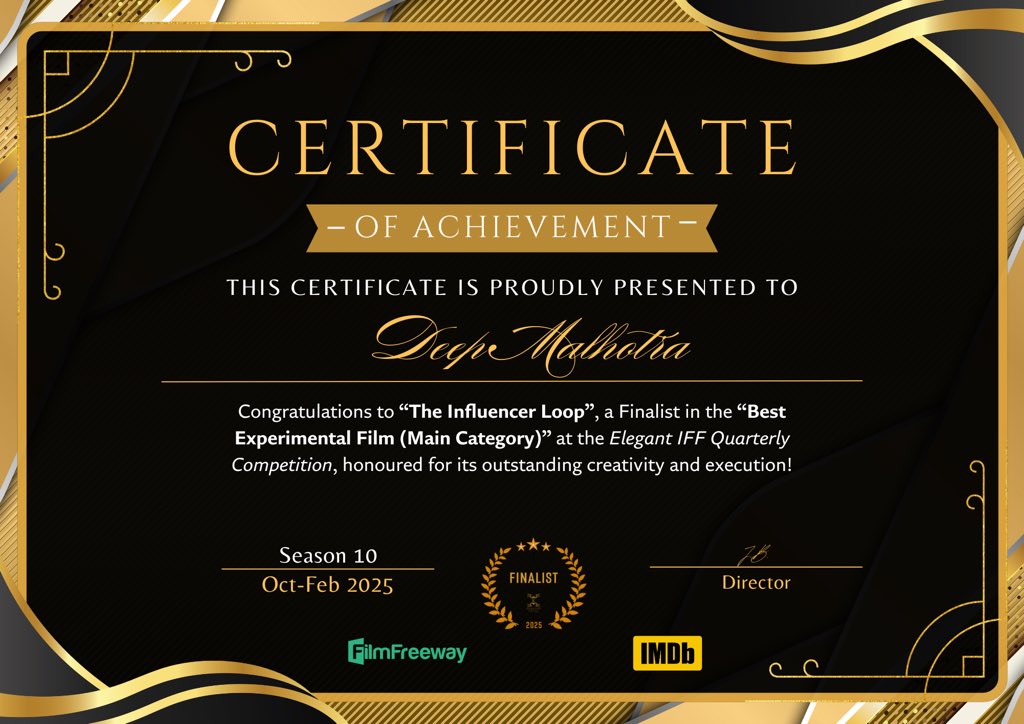 DeepMalhotra's tweet photo. The Influencer Loop is the finalist @elegantiff look forward to winning with the nest one!
#elegantfilmfest #filmfreeway #shortmovies #film @FilmFreeway @IMDb @IMDb_in #deepmalhotra #deepruptive #Influencer #kunalkamra #RanveerAllahbadia #samayraina #ipl #movies #TheInfluencerLoop