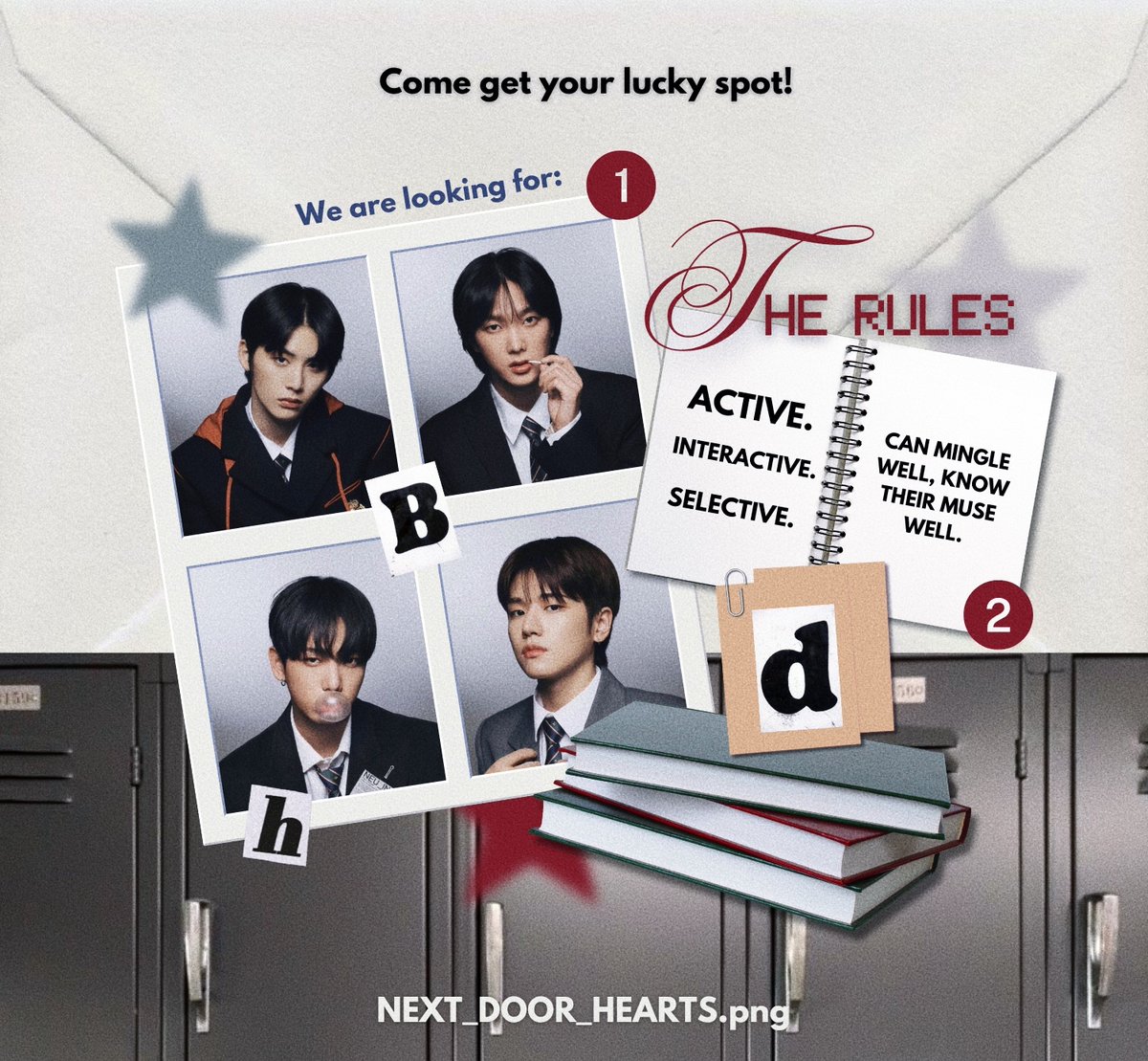 Retweets are deeply appreciated! Salutations, it’s the Next Door Hearts, searching for the missing pieces of our constellation: Jaehyun, Sungho, Riwoo and Taesan, to complete the lineup. Open to connecting with OA/SQs as well. Welcome to your place, you know where to find us.
