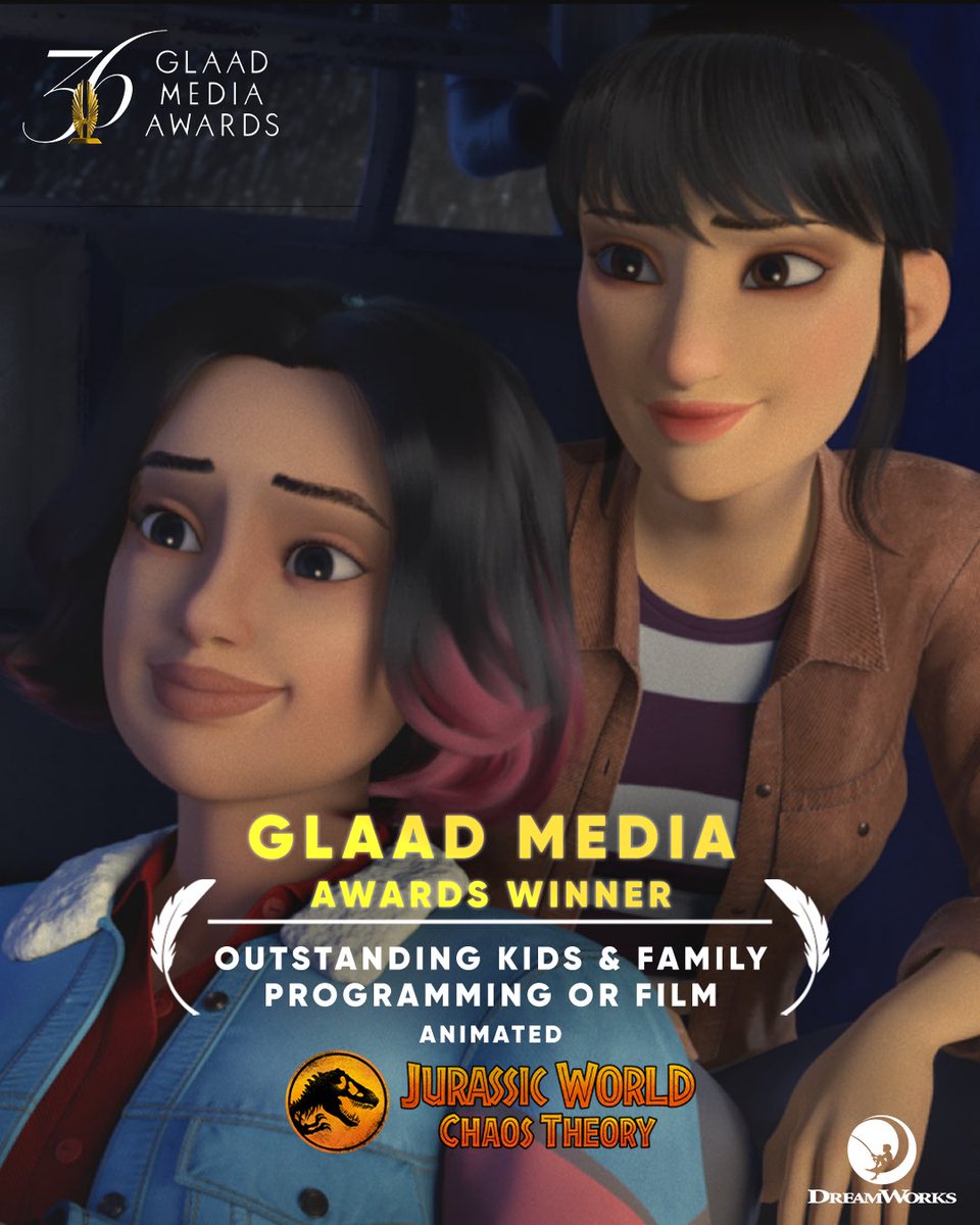 Congratulations to the cast and crew of #JurassicWorld #ChaosTheory for winning Outstanding Kids &amp; Family Programming or Film - Animated at the #GLAADMediaAwards!