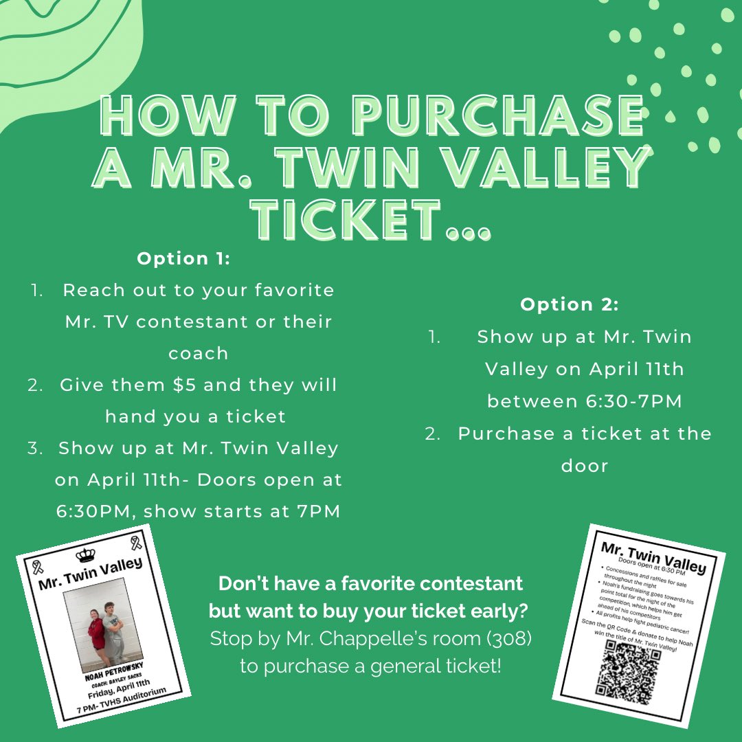Join us on Friday, April 11th at 7 PM (doors open at 6:30 PM) in the TVHS auditorium for Mr. Twin Valley! Want to know how to purchase a ticket? Follow these steps to obtain a ticket for the event! 

We hope to see you there!💚💠🎗️