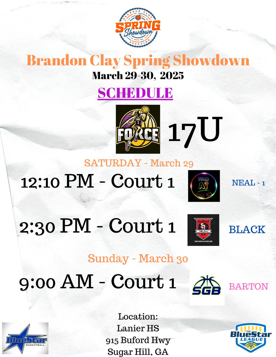 🏀 #CGHRMedia

#OpeningWeekend

📍 - Buford, GA

Brandon Clay Spring Showdown
<a href="/BrandonClayPSB/">B r a n d o n C l a y</a>

#BCSSpringShowdown

<a href="/OneForceWbb/">One Force</a> 17U
Schedule

#TheCarolinas

#SCBallers #NCBallers

#CarolinaGirlsHoopsReport