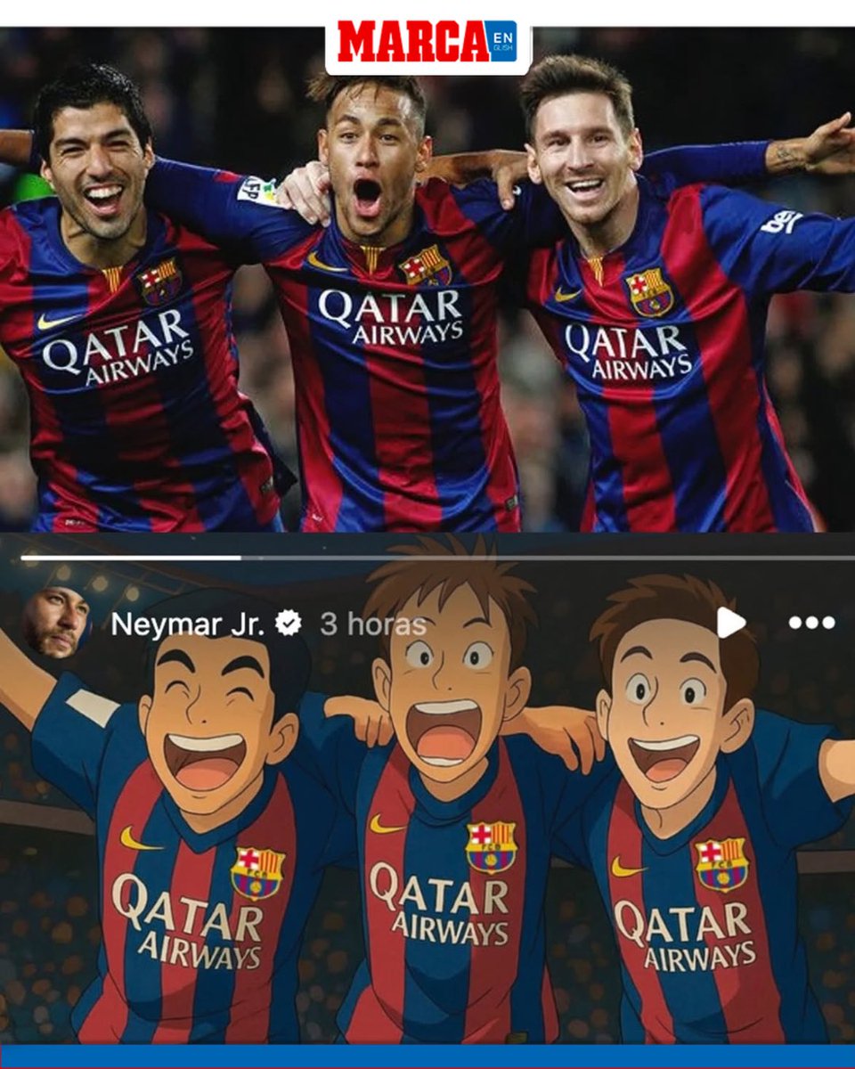 MARCAinENGLISH's tweet photo. RIGHT IN THE CHILDHOOD!🥹⚽️

Neymar jumped on the Japanese animation trend, posting this pic from his Barcelona days with the legendary MSN trio!✨

#neymar #neyjr #neymarjr #fcbarcelona #msn #messi #suarez https://t.co/xWkU9iXrIn