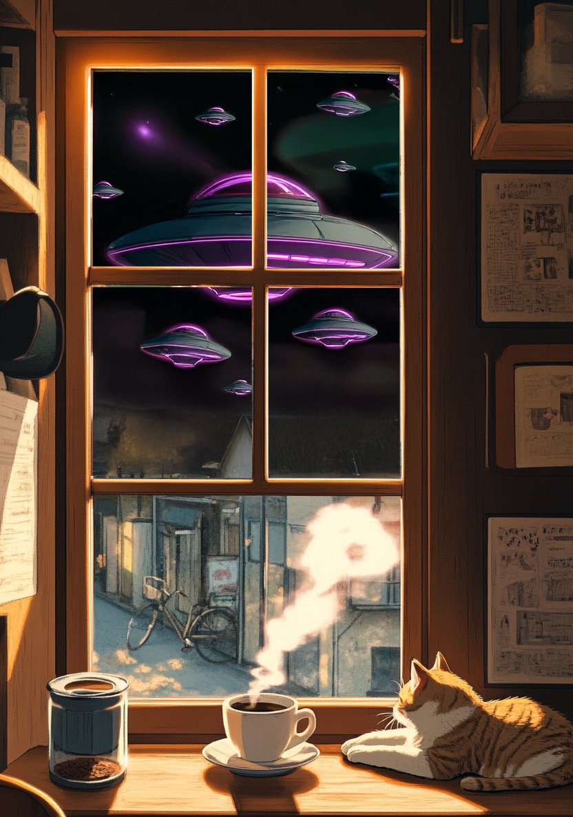 GM, The sky split open, and they arrived; not to conquer, but to whisper secrets of the stars. ✨👽💫 

A new adventure begins... 

#StudioGhibliVibes #AlienInvasion #MagicInTheSky #TheChiroosUniverse