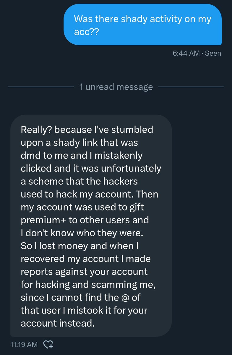 Jeyuuum's tweet photo. Y'all red lights and alarms are going off in my head, should I do smth???????? Like I genuinely need help😭 this acc I vaguely remember following suddenly messaged me this. What do I do??? https://t.co/Q5cvl29sM3