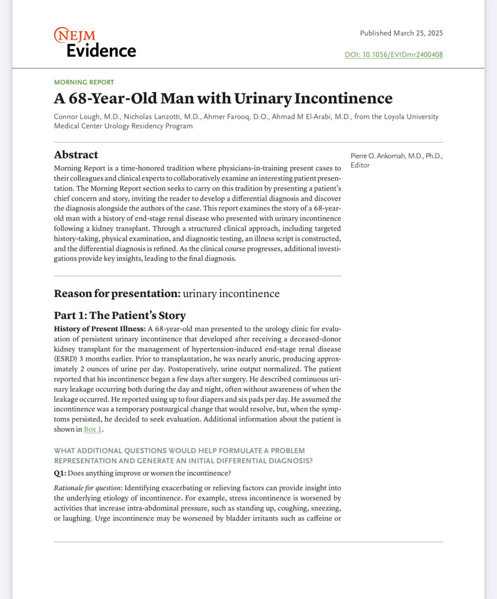 Ahmad El-Arabi (@elarabiuro) on Twitter photo Big congrats to Dr. Connor Lough (<a href="/LoughCP/">Connor Lough</a>) and Dr. Nick Lanzotti (<a href="/MDLanzotti/">Nick Lanzotti, MD</a>) on their fascinating case report published in <a href="/NEJMEvidence/">NEJM Evidence</a>!
Transplant ureter (unknowingly) anastomosed to the bulbar urethra, resulting in incontinence.
<a href="/LoyolaUrology/">Loyola Urology</a> <a href="/SocietyGURS/">GURS</a> Big congrats to Dr. Connor Lough (<a href="/LoughCP/">Connor Lough</a>) and Dr. Nick Lanzotti (<a href="/MDLanzotti/">Nick Lanzotti, MD</a>) on their fascinating case report published in <a href="/NEJMEvidence/">NEJM Evidence</a>!
Transplant ureter (unknowingly) anastomosed to the bulbar urethra, resulting in incontinence.
<a href="/LoyolaUrology/">Loyola Urology</a> <a href="/SocietyGURS/">GURS</a>