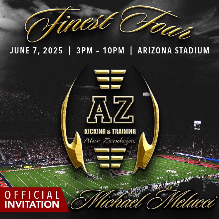 AlexZendejasKicking&Training (@azkicking) on Twitter photo Congratulations <a href="/MichaeljMelucci/">Michael Melucci</a>! You have been invited by AZ Kicking and Training to participate in our 2025 Finest Four inside The University of Arizona stadium on June 7, 2025!
.
To accept this invitation please register at:
azkicking.com/finest-four/ Congratulations <a href="/MichaeljMelucci/">Michael Melucci</a>! You have been invited by AZ Kicking and Training to participate in our 2025 Finest Four inside The University of Arizona stadium on June 7, 2025!
.
To accept this invitation please register at:
azkicking.com/finest-four/