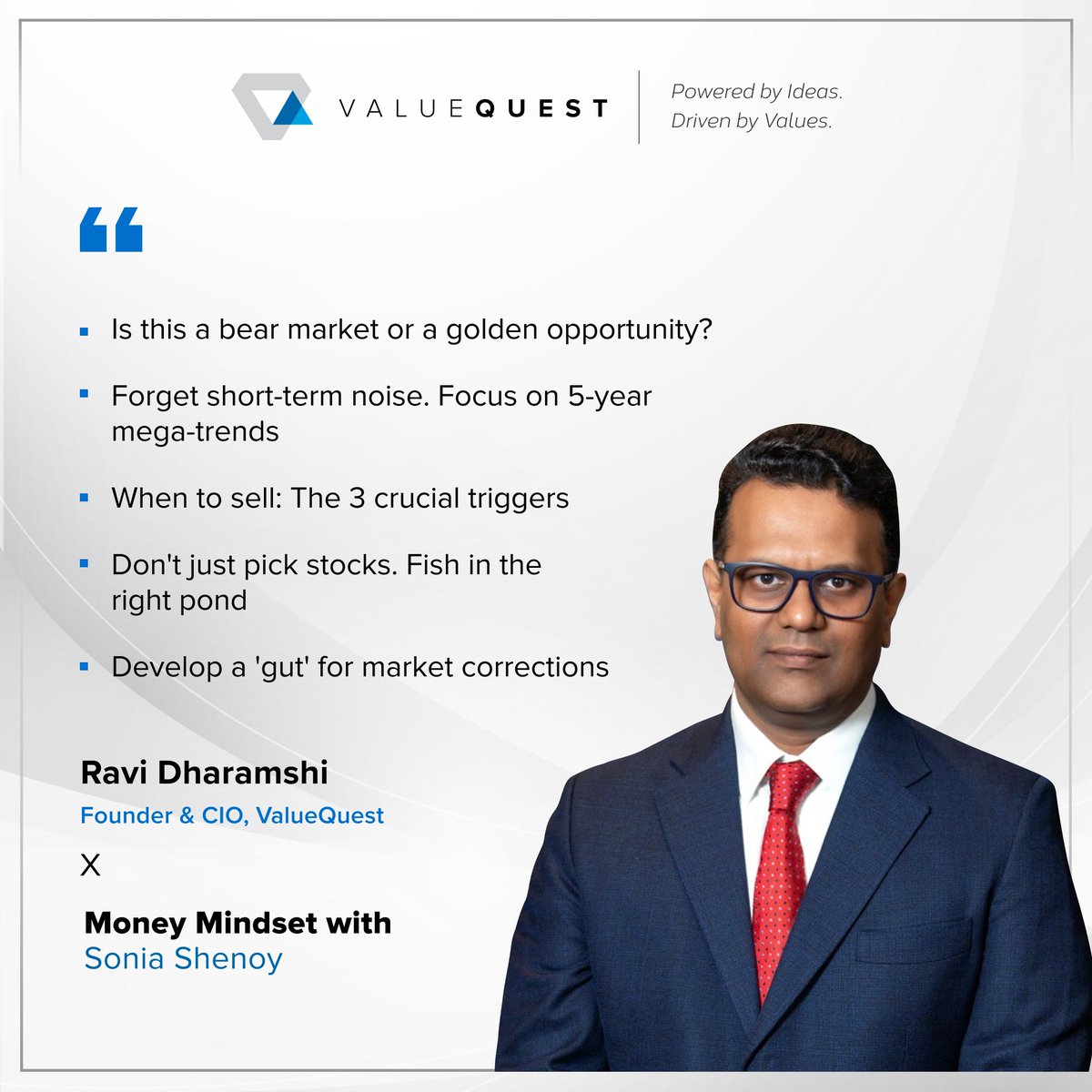 Listen to <a href="/ravidharamshi77/">Ravi Dharamshi</a> share his invaluable insights with <a href="/_soniashenoy/">Sonia Shenoy</a> on navigating markets. Is this a bear market or a golden opportunity? When should you sell? &amp; more!

Watch here: youtu.be/2JF5HReD-nM?si…

Disclaimer: valuequest.in/document-discl…

#IndiaGrowth #ValueQuest