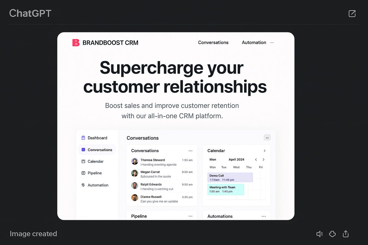 dustinlwinchell's tweet photo. Designers are running out of time. 🤯

Replace BrandBoost CRM in the prompt with your start up and see what you get!

Prompt: Make me a modern website hero section and logo for a company called BrandBoost CRM. Also write compelling, benefit-driven hero section copy. Under the hero text, display a dashboard that showcases features in action.