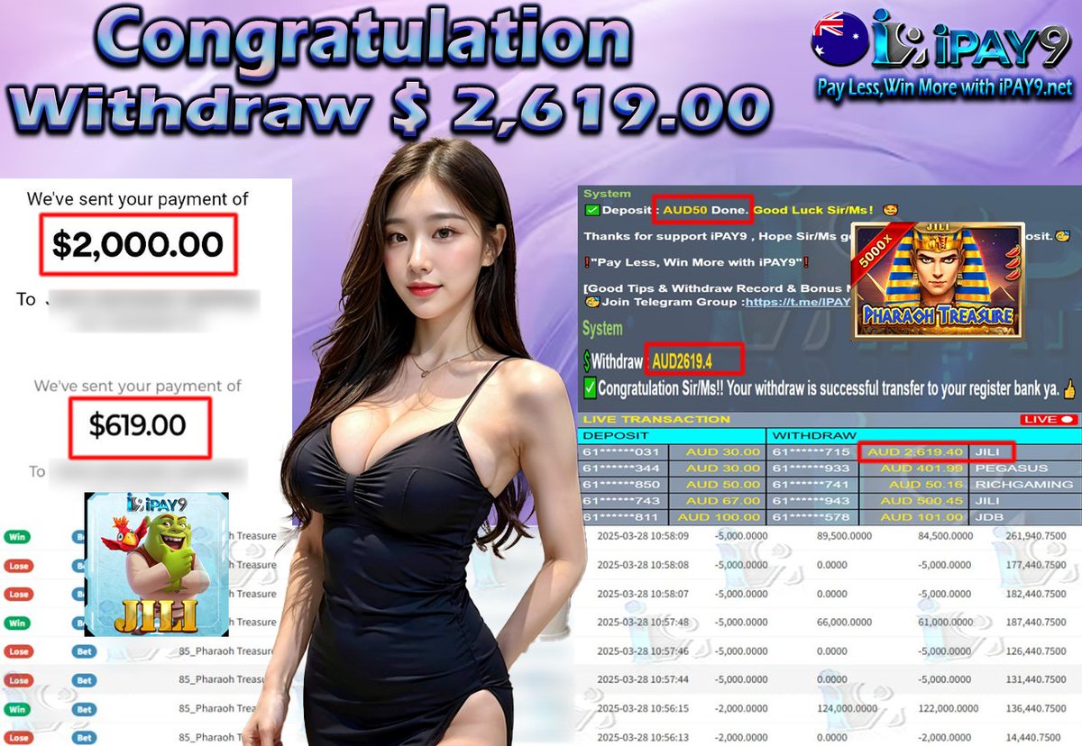 🇦🇺🎖𝐢𝗣𝗔𝗬𝟵 𝗖𝘂𝘀𝘁𝗼𝗺𝗲𝗿 𝗪𝗶𝘁𝗵𝗱𝗿𝗮𝘄 🎖🇦🇺

💰Customer Deposit - AUD 50.00
💰Customer Withdraw -  AUD 2,619.00
💻Platform - JILI
🎮Game - PHARAOH TREASURE

"Pay Less, Win More with iPAY9.net"  REGISTER LINK ipay9aud.com/RFIPAY9TWITTER