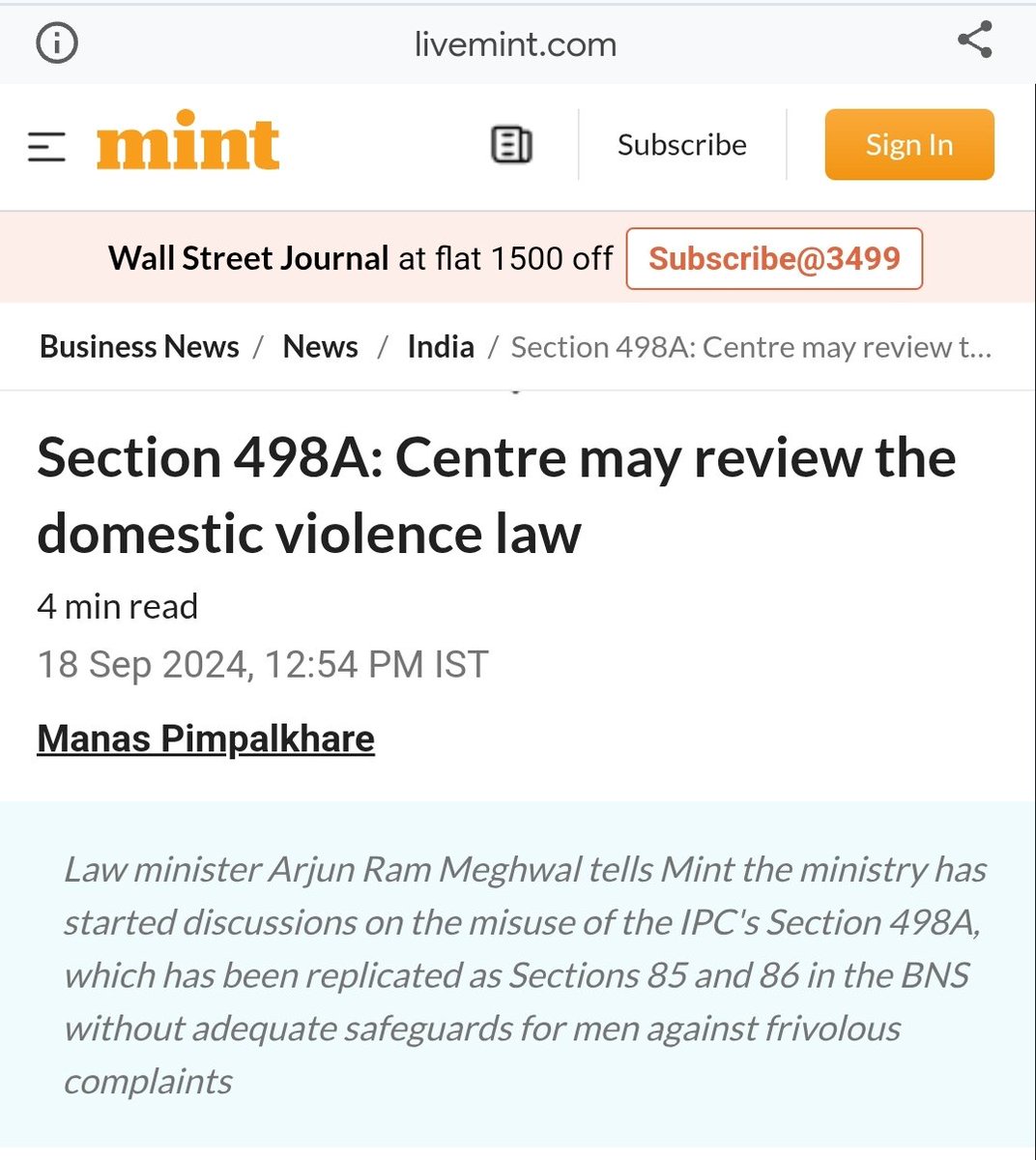 Good morning <a href="/arjunrammeghwal/">Arjun Ram Meghwal</a> ji

Centre (whether BJP or Congress) has only been reviewing Amendments in the most draconian Section 498-A IPC (Section 85, 86 BNS)

Why wasn't this review done prior to copy pasting word to word in New BNS?

It's been more than 6 months to the last