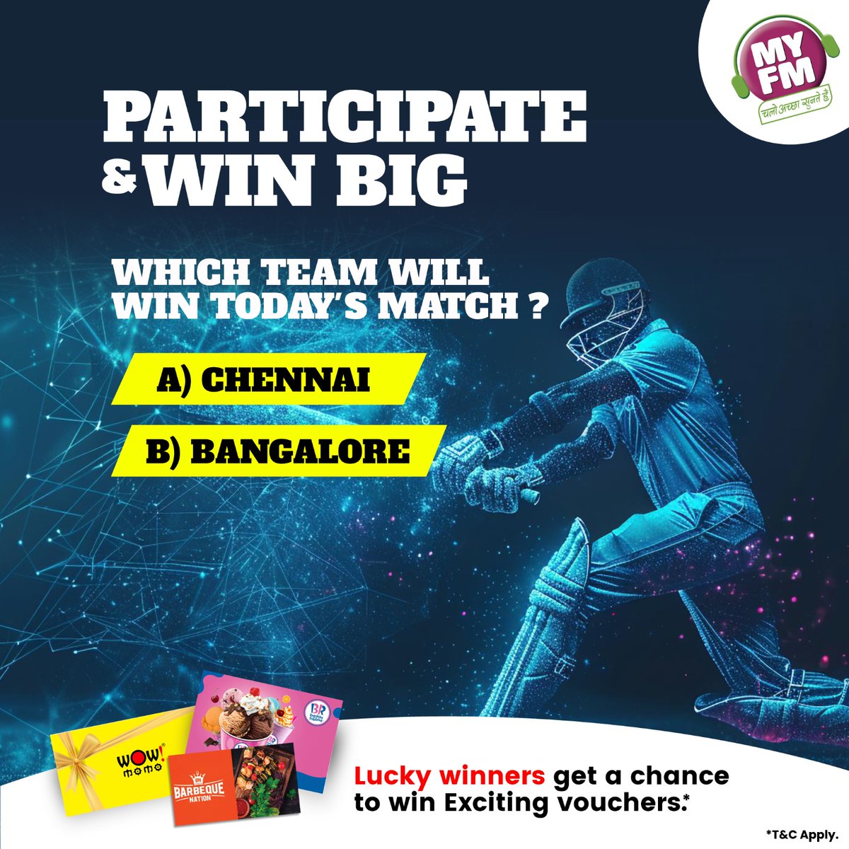 CONTEST ALERT!!  Gear up for the match! Participate &amp; win big!

 Follow the Rules*
1. Follow MY FM X handle
2. RT This Tweet 
3. Tag 5 People on the post 
4. Reply on the Post with Answer 
5. Like this Tweet  T&amp;C* Apply. 

#cricket #todaysmatch #ContestAlert #CricketFans